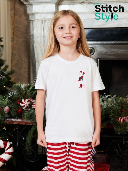 Girls Personalised Christmas Candy Cane Pyjamas by Stitch Style (AF7582) | £32