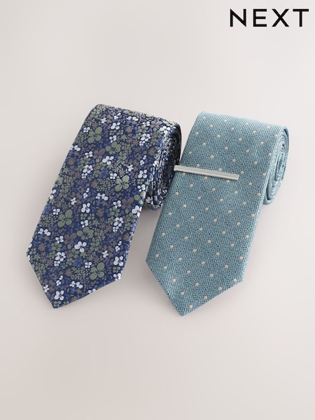 Blue Floral/Polka Dot Design Design Ties And Tie Clips 2 Pack (AF7724) | £22