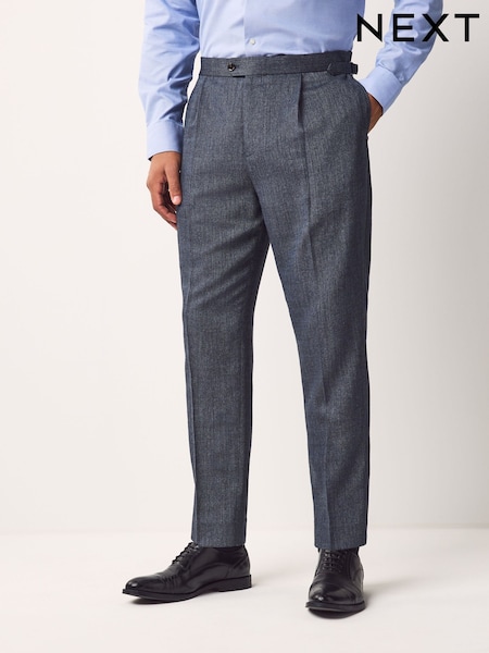 Blue Regular Fit Smart Wool Blend Trousers With Linen and Functional Side Adjusters (AF7730) | £69