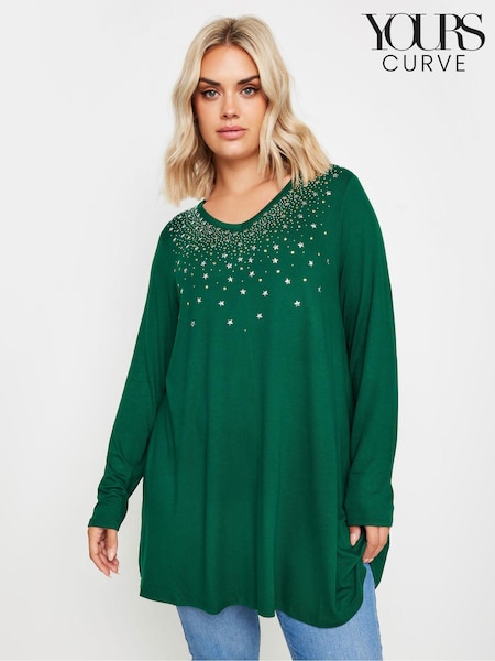 Yours Curve Green Star Stud Embellished Top (AF7752) | £26