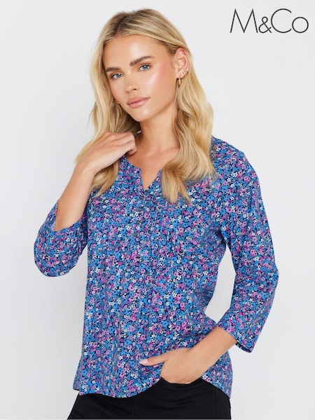 M&Co Pink Petite 3/4 Sleeve 100% Cotton Henley Top (AF7821) | £24