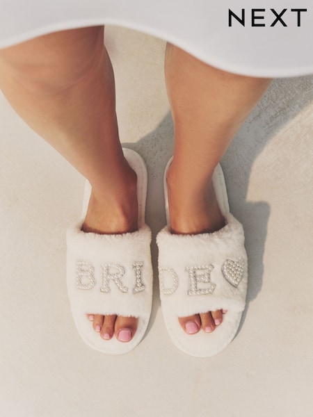 White Embellished Bridal Slider Slippers (AF7857) | £18