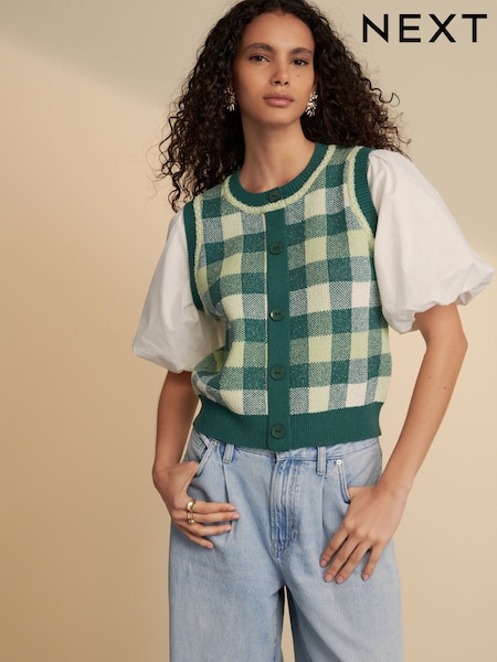 Green Gingham Puff Sleeve Knitted Tank Layer Jumper (AG1642) | £42
