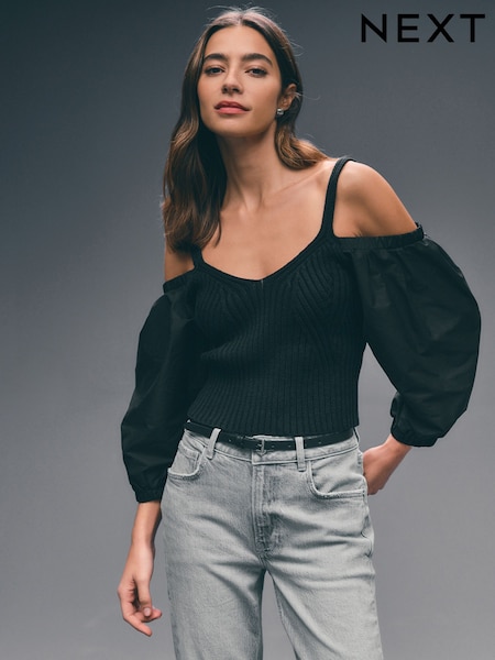 Black Cold Shoulder Volume Sleeve Knitted Top (AG1643) | £39