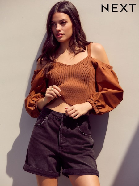 Brown Cold Shoulder Volume Sleeve Knitted Top (AG1644) | £39