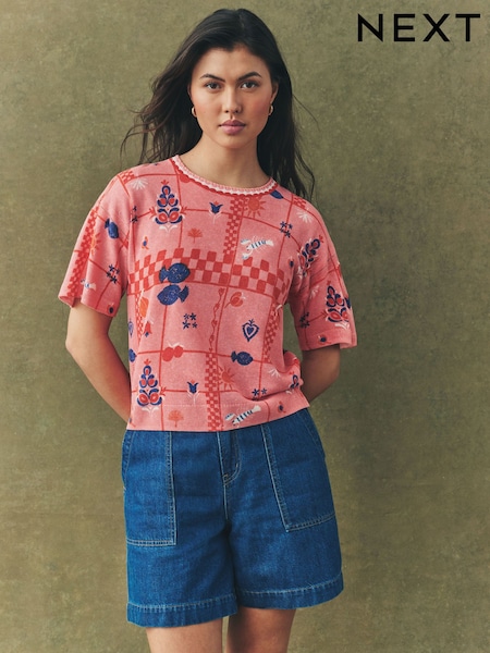Pink Sea Print Short Sleeve Crew Neck T-Shirt With Linen (AG2161) | £29