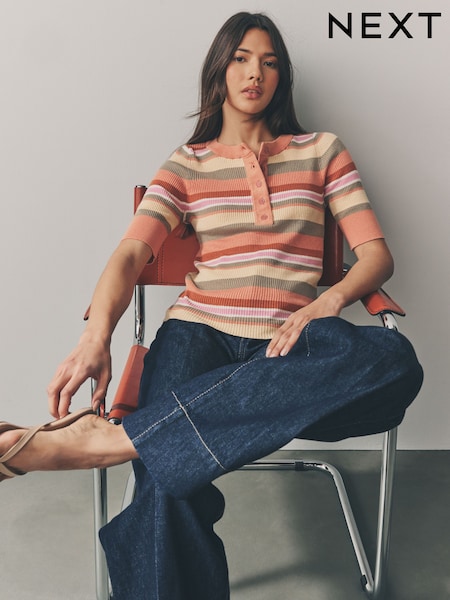 Orange Stripe Button Up Crew Neck Short Sleeve Top With Linen (AG2170) | £30
