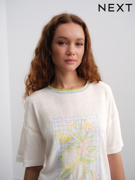 White Lemon Embroidery Short Sleeve Crew Neck T-Shirt With Linen (AG2177) | £29