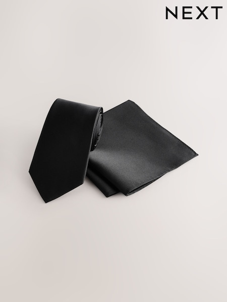 Black Silk Tie And Pocket Square Set (AG2273) | £28