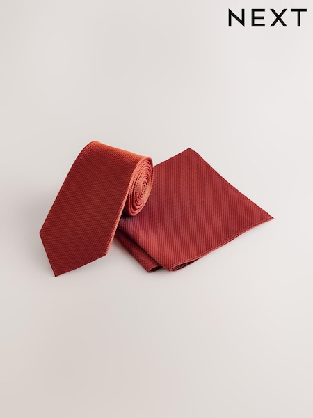 Rust Textured Tie And Pocket Square Set (AG2284) | £28