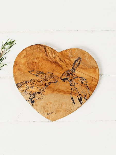 The Just Slate Company Olive Wood Heart Shaped Board 21cm - Kissing Hares (AG2444) | £25