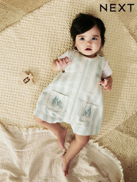 Mint Green Stripe Baby Short Sleeve Bodysuit and Dungarees Set (0mths-2yrs) (AG2695) | £21 - £23
