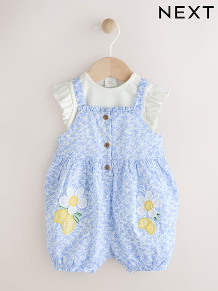 Blue/White Floral Baby Short Sleeve Bodysuit and Dungarees Set (0mths-2yrs) (AG2700) | £20 - £22