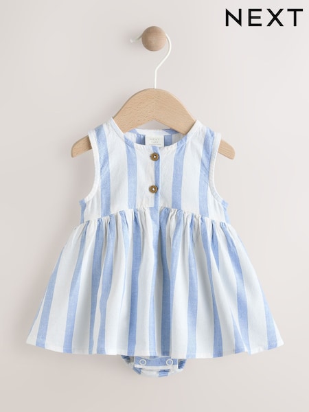 Blue/White Stripe Baby Broderie Woven Integral 100% Cotton Dress (0mths-2yrs) (AG2887) | £11 - £13