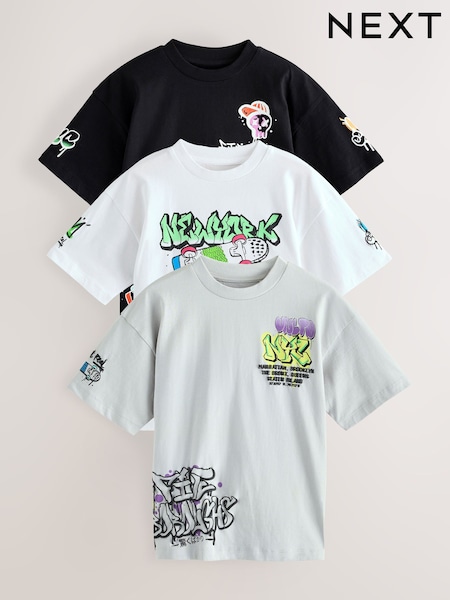 Black/White/Grey Relaxed Fit Graphic Print Short Sleeve 100% Cotton T-Shirts 3 Pack (3-16yrs) (AG3071) | £20 - £26