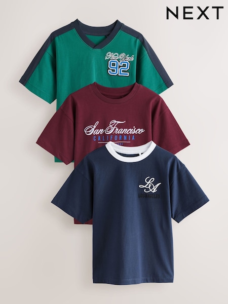 Blue/Green Embroidery Sports Relaxed Fit Graphic Print Short Sleeve 100% Cotton T-Shirts 3 Pack (3-16yrs) (AG3072) | £21 - £27