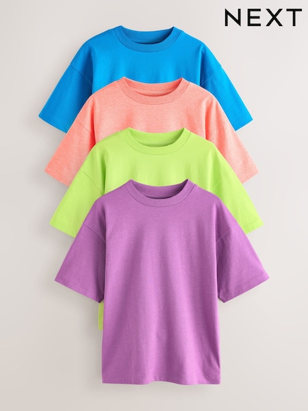 Blue/Green/Coral/Purple Fluro Relaxed Fit Short Sleeve T-Shirts 4 Pack (3-16yrs) (AG3081) | £18 - £24