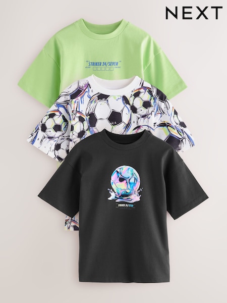 Black/White/Green Football Relaxed Fit Graphic Print Short Sleeve 100% Cotton T-Shirts 3 Pack (3-16yrs) (AG3083) | £22 - £28