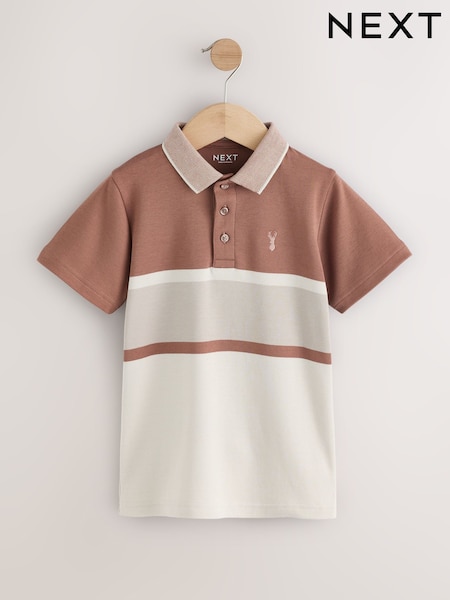 Tan/Ecru Colourblock Stripe Short Sleeve 100% Cotton Polo Shirt (3-16yrs) (AG3401) | £12 - £17