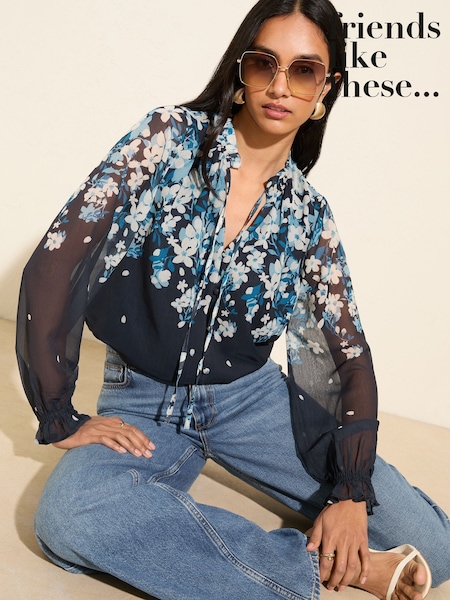 Friends Like These Blue Floral Long Sleeve Boho Tie Shirt (AG3474) | £36