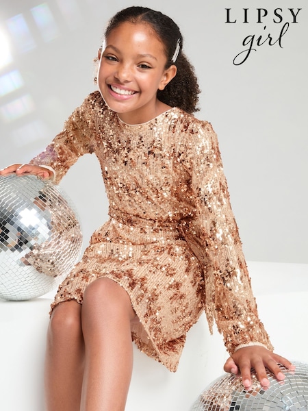 Lipsy Rose Gold Long Sleeve Sequin Party Dress (5-16yrs) (AG3490) | £46 - £54