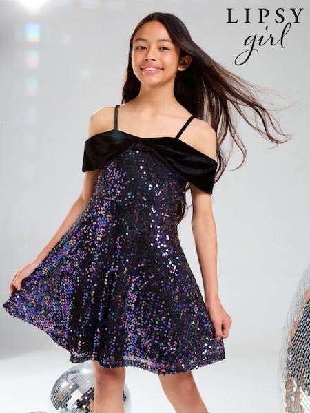 Lipsy Black Sequin 2-in-1 Bow Party Dress (5-16yrs) (AG3494) | £46 - £53