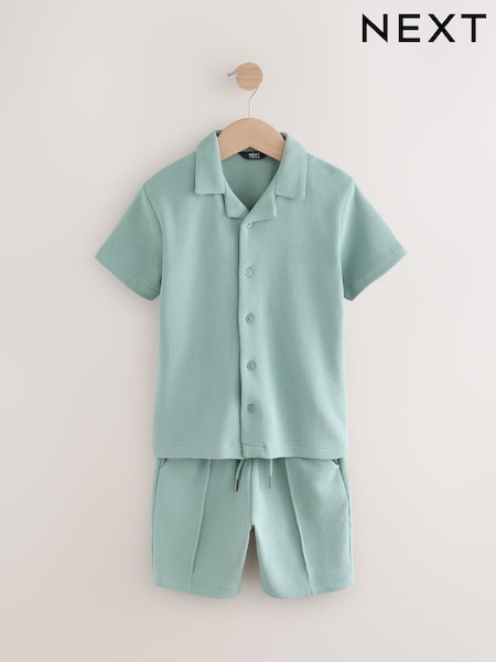 Mineral Blue Textured Revere Collar Short Sleeve Shirt and Shorts Set (3-16yrs) (AG3511) | £19 - £27