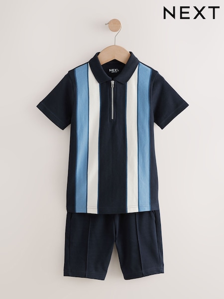 Navy/White Zip Neck Stripe Polo Shirt and Shorts Set (3-16yrs) (AG3514) | £18 - £26