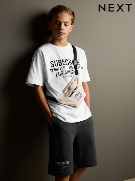 White/Charcoal Subscribe Short Sleeve Bag T-Shirt and Shorts Set (3-16yrs) (AG3518) | £19 - £27