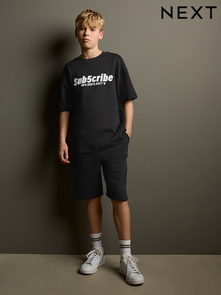 Black Subscribe Short Sleeve T-Shirt and Shorts Set (3-16yrs) (AG3519) | £16 - £24