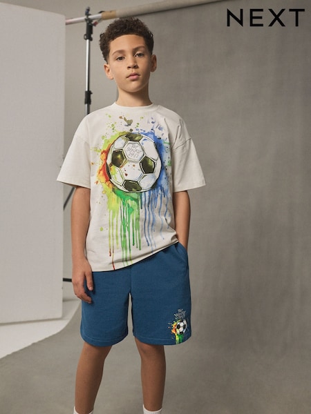 Ecru/ Blue Football Graphic Short Sleeve 100% Cotton T-Shirt and Shorts Set (3-16yrs) (AG3521) | £15 - £23
