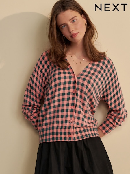 Pink Green Check Soft Touch Button Up Knitted Cardigan (AG3531) | £34