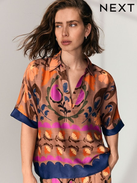 Brown Floral Print V-Neck Collared Satin Shirt (AG3665) | £40