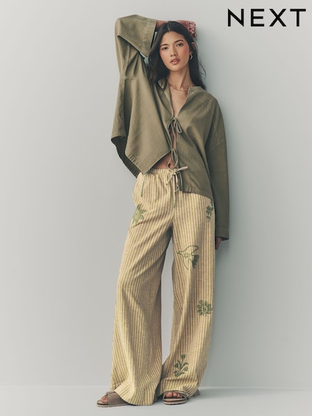 Sage Green Embroidered Stripe Tie Waist Trousers with Linen (AG3666) | £36
