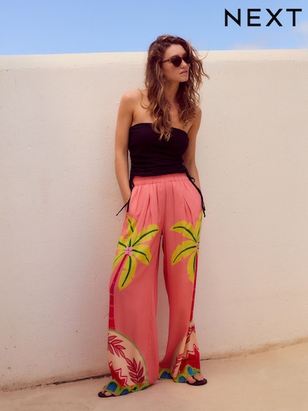 Pink Wide Leg Elastic Waist Trousers with Linen (AG3670) | £46