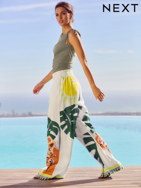 White Wide Leg Elastic Waist Trousers with Linen (AG3671) | £46