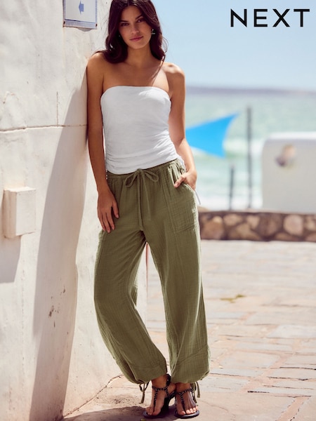 Khaki Green 100% Cotton Double Cloth Pull On Harem Trousers (AG3692) | £28