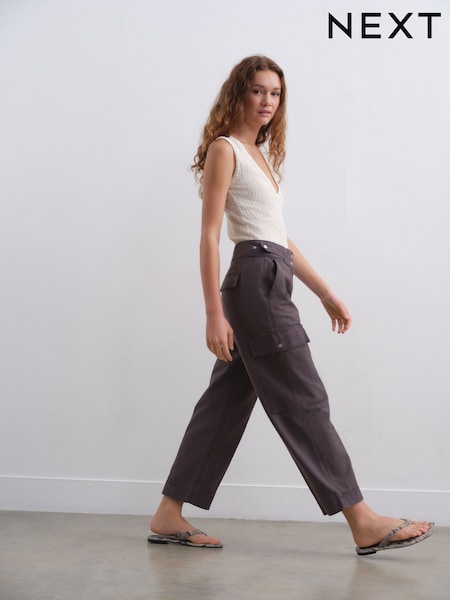 Charcoal Grey 100% Cotton Cargo Barrel Leg Trousers (AG3696) | £32