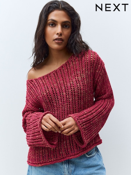 Red Stitchy Off The Shoulder Flare Sleeve Jumper (AG3759) | £38