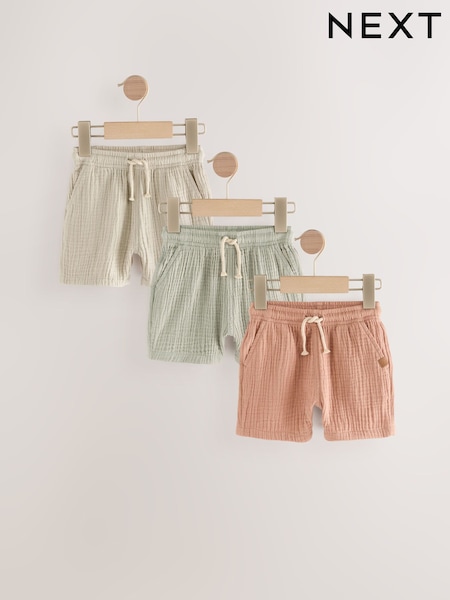 Sage Green/Neutral/Rust Brown Soft Textured Shorts 3 Pack (3mths-7yrs) (AG3821) | £22.50 - £26.50