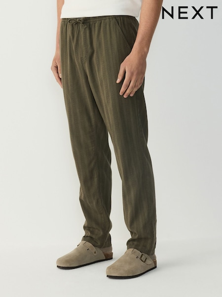 Khaki Green Regular Tapered Fit Cotton Linen Striped Trousers (AG4037) | £35