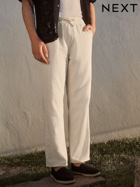 Ecru White Textured Elasticated Waist 100% Cotton Trousers (AG4040) | £32