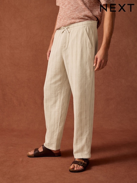 Neutral/Brown Stripe Textured Striped Elasticated Waist 100% Cotton Trousers (AG4041) | £35