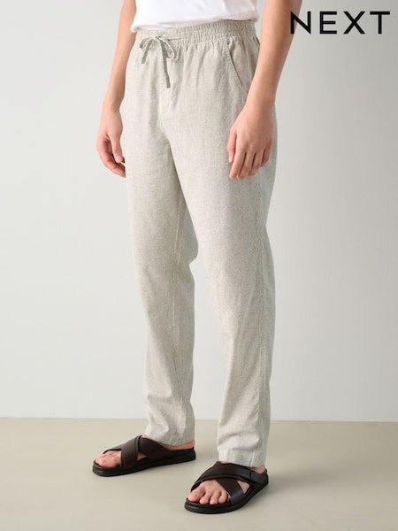 Ecru/Mushroom Brown Regular Tapered Fit Cotton Linen Striped Trousers (AG4047) | £32