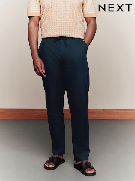 Navy Blue Regular Tapered Fit Linen Cotton Chino Trousers (AG4067) | £30