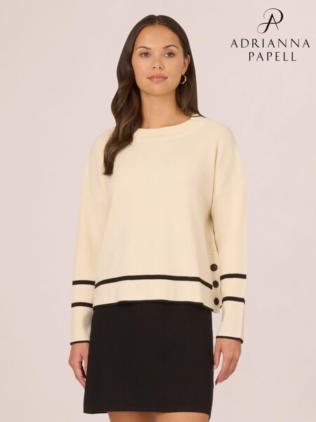 Adrianna Papell Cream Droppped Shoulder Crew Neck Tipped Sweater With Side Buttons (AG4104) | £49