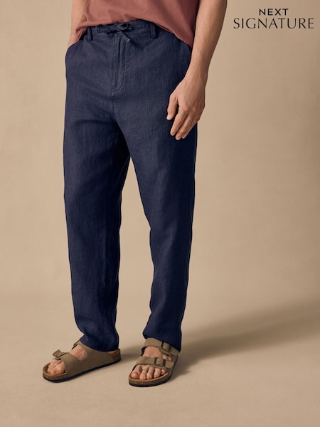 Navy Regular Tapered Fit 100% Linen Signature Chino Trousers (AG4114) | £40