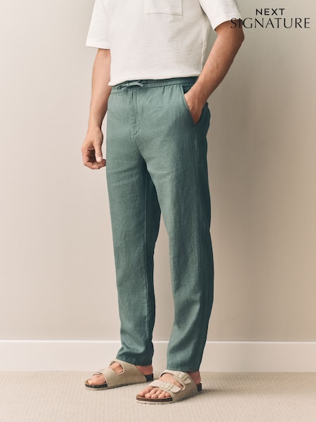Sage Green Regular Tapered Fit 100% Linen Signature Chino Trousers (AG4115) | £40