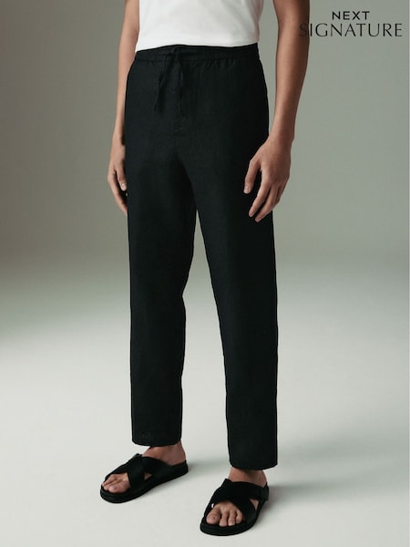 Black Regular Tapered Fit 100% Linen Signature Elasticated Waist Drawstring Trousers (AG4129) | £40