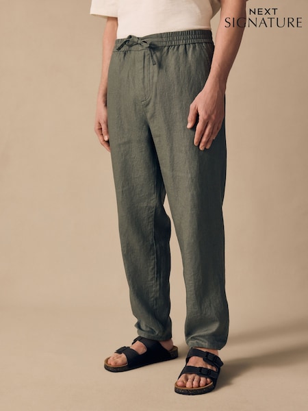 Sage Green Regular Tapered Fit 100% Linen Signature Elasticated Waist Drawstring Trousers (AG4130) | £40